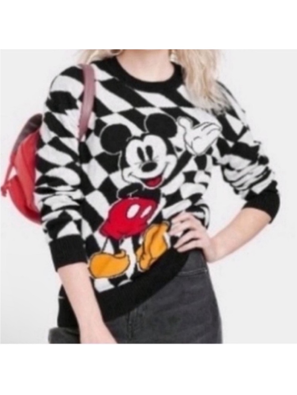 Disney Mickey Mouse Knit Pullover Sweater Sz XL Black & White Graphic Crew